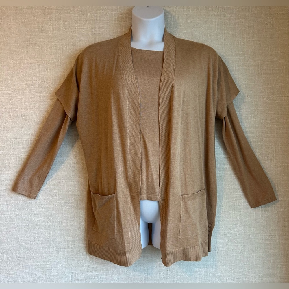 CHICOS Womens Beige Knit Zipper Accent Top & Cardigan SIZE 1 MED 8 2-Piece Set